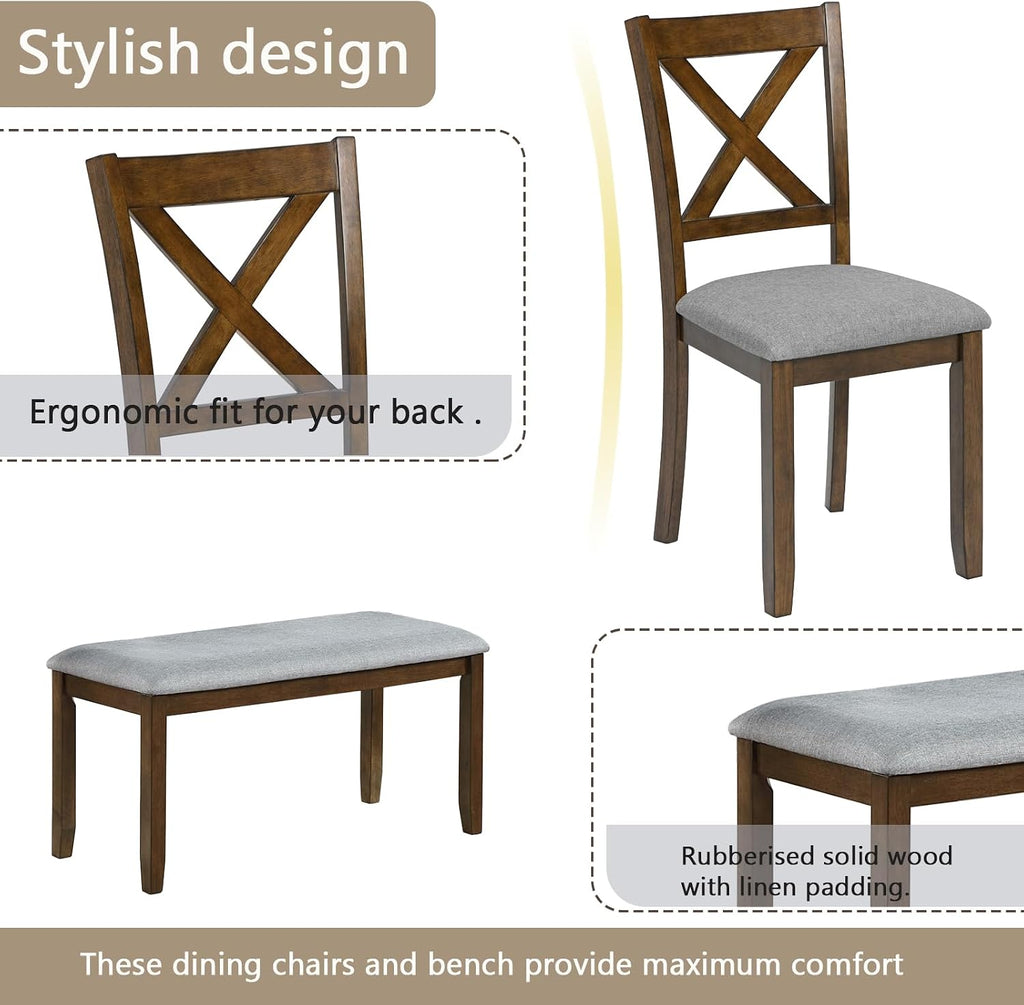 KEIKI 6-Piece Standard Height Dining Table Set with Rectangular Table, 4 Upholstered X-Shaped Backrset Chair, Bench, for 6 Person, Modern Table Set, Easy Assembly, for Kitchen, Dining Room, Walnut