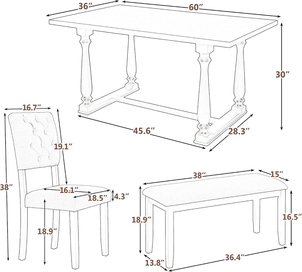 6 Pieces Dining Table Chair Set, Rectangle Dining Table with 4 Upholstered Chairs & a Bench, Wood Kitchen Table Chairs Set for 6 Persons, Modern Style Dining Room Set (Espresso+ Beige)