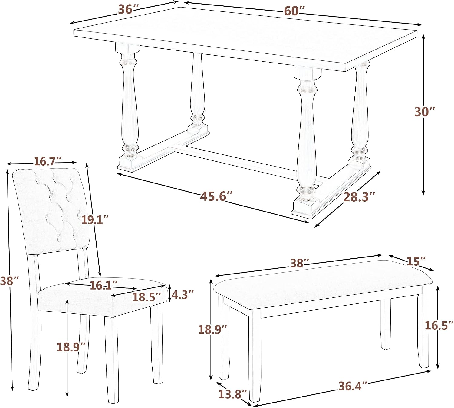 6 Pieces Dining Table Chair Set, Rectangle Dining Table with 4 Upholstered Chairs & a Bench, Wood Kitchen Table Chairs Set for 6 Persons, Modern Style Dining Room Set (Espresso+ Beige)