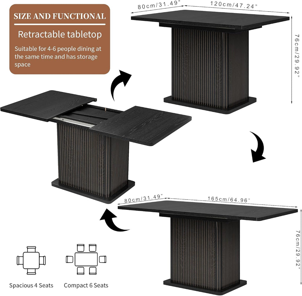 Extendable Black Kitchen Dining Table for 4-6, 47-65 Inch Rectangle Dining Room Table with 2 Doors, Large Storage, Wood Fluted Mid Century Modern Furniture for Dinner, Living Room, Space Saving