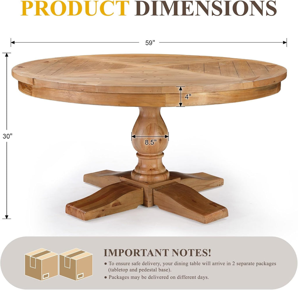 60' Round Dining Table, Reclaimed Wood Kitchen Table for 6-8, Farmhouse Circle Kitchen Table with Pedestal Curved Leg for Kitchen Dining Room Restaurant - Natural