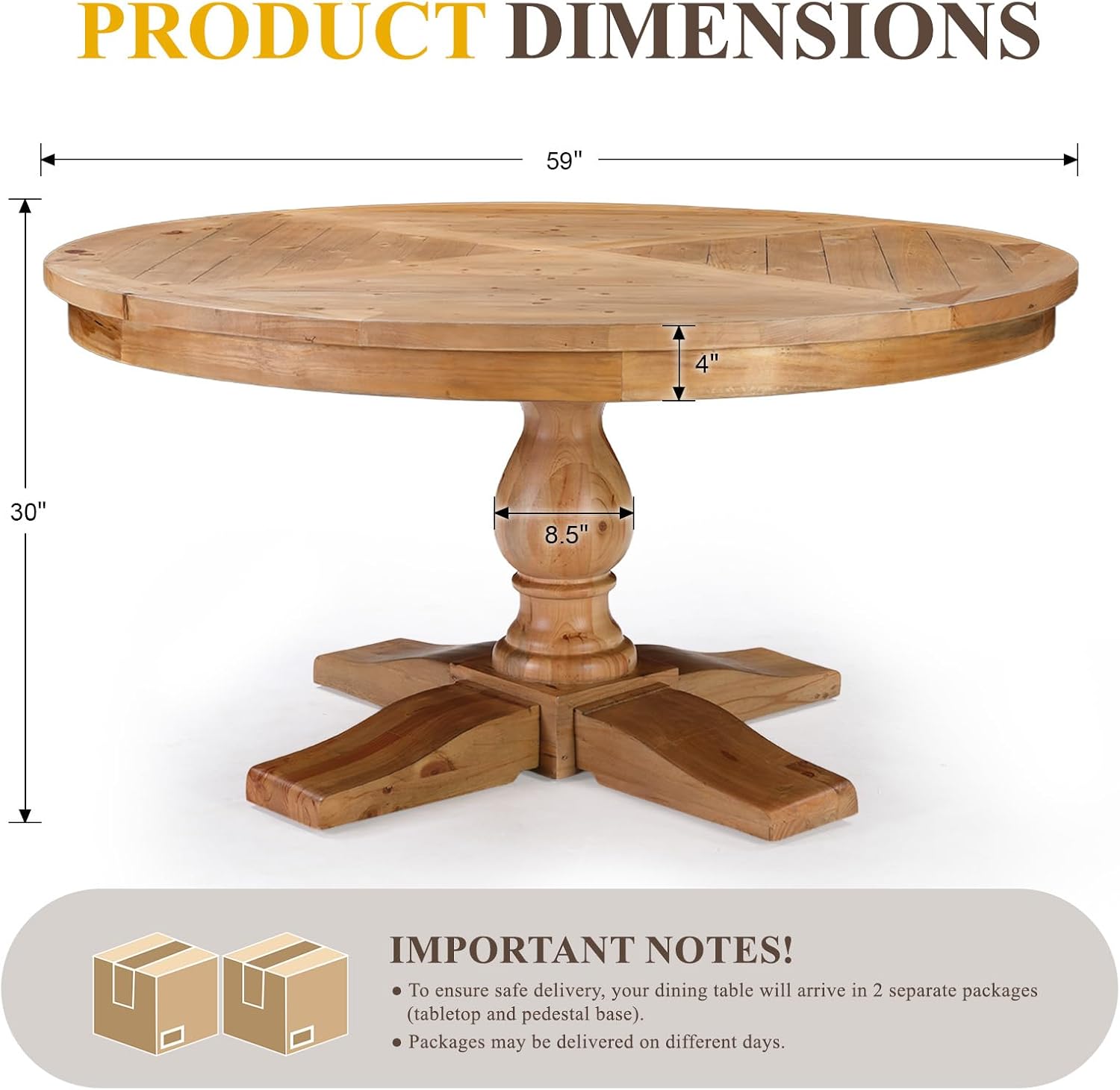 60' Round Dining Table, Reclaimed Wood Kitchen Table for 6-8, Farmhouse Circle Kitchen Table with Pedestal Curved Leg for Kitchen Dining Room Restaurant - Natural