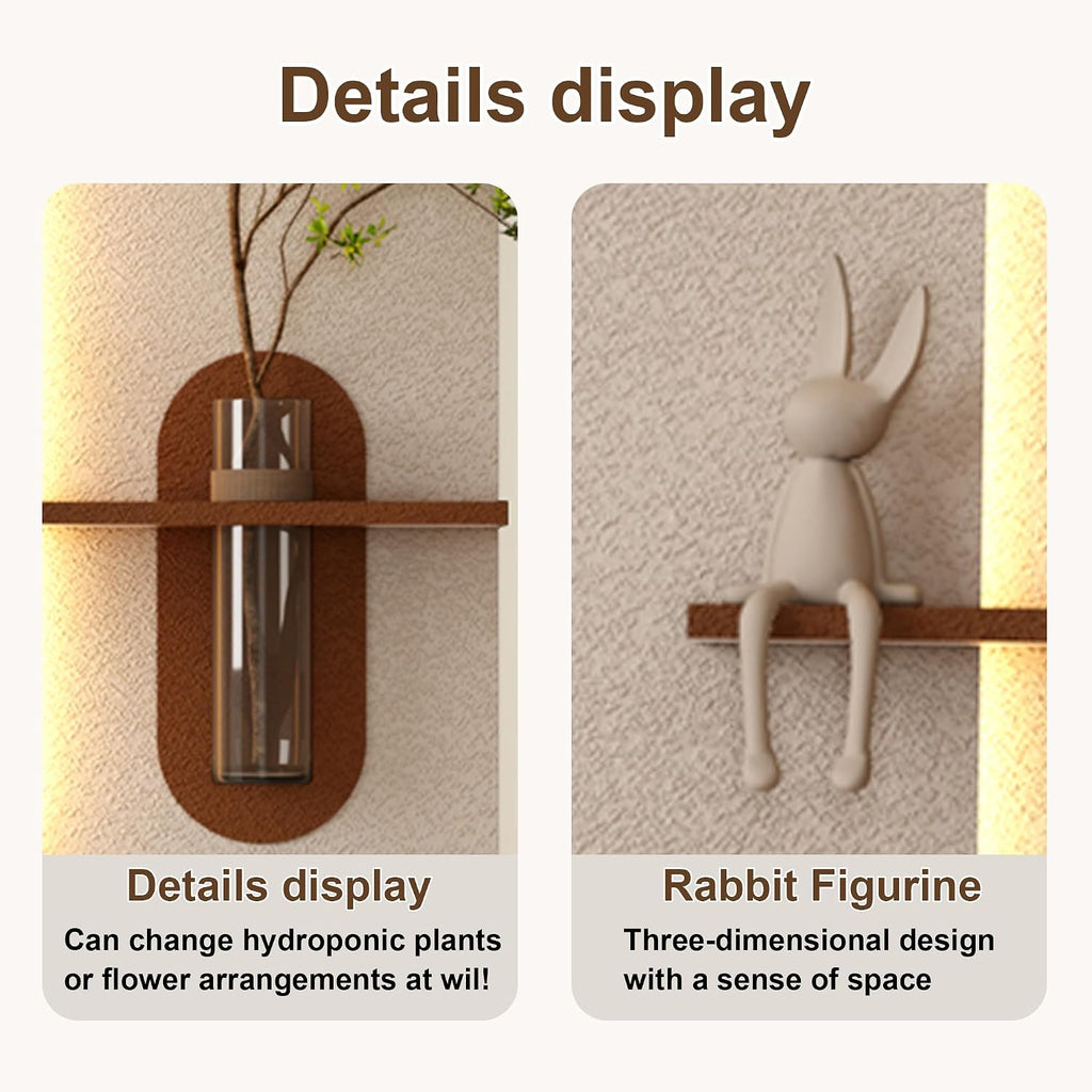 Montary 3D Sandstone Entryway Decor Art Painting, Modern LED Wall Decor Sculpture with Artificial Plants, Glass Vase & Rabbit Statue, Remote Control 3-Color Light for Living Room, Bedroom, Hallway