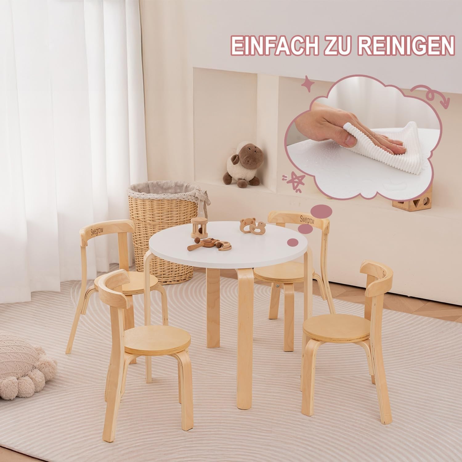 Swegrow Kids Table and 4 Chairs Set, Wooden Table and Chairs for Kids & Toddler，Kid Wooden Furniture for Playroom/Home/Kindergarten