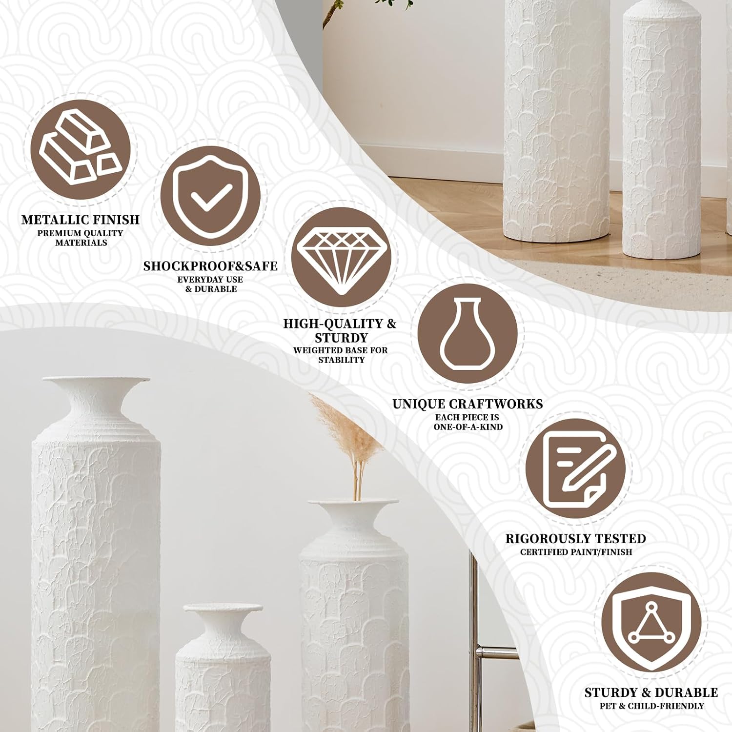 Set of 3 Textured White Metal Floor Vases, Tall Modern Decorative Vases, American Style Large Floor Vases for Entryway, Living Room, Minimalist & Coastal Home Decor
