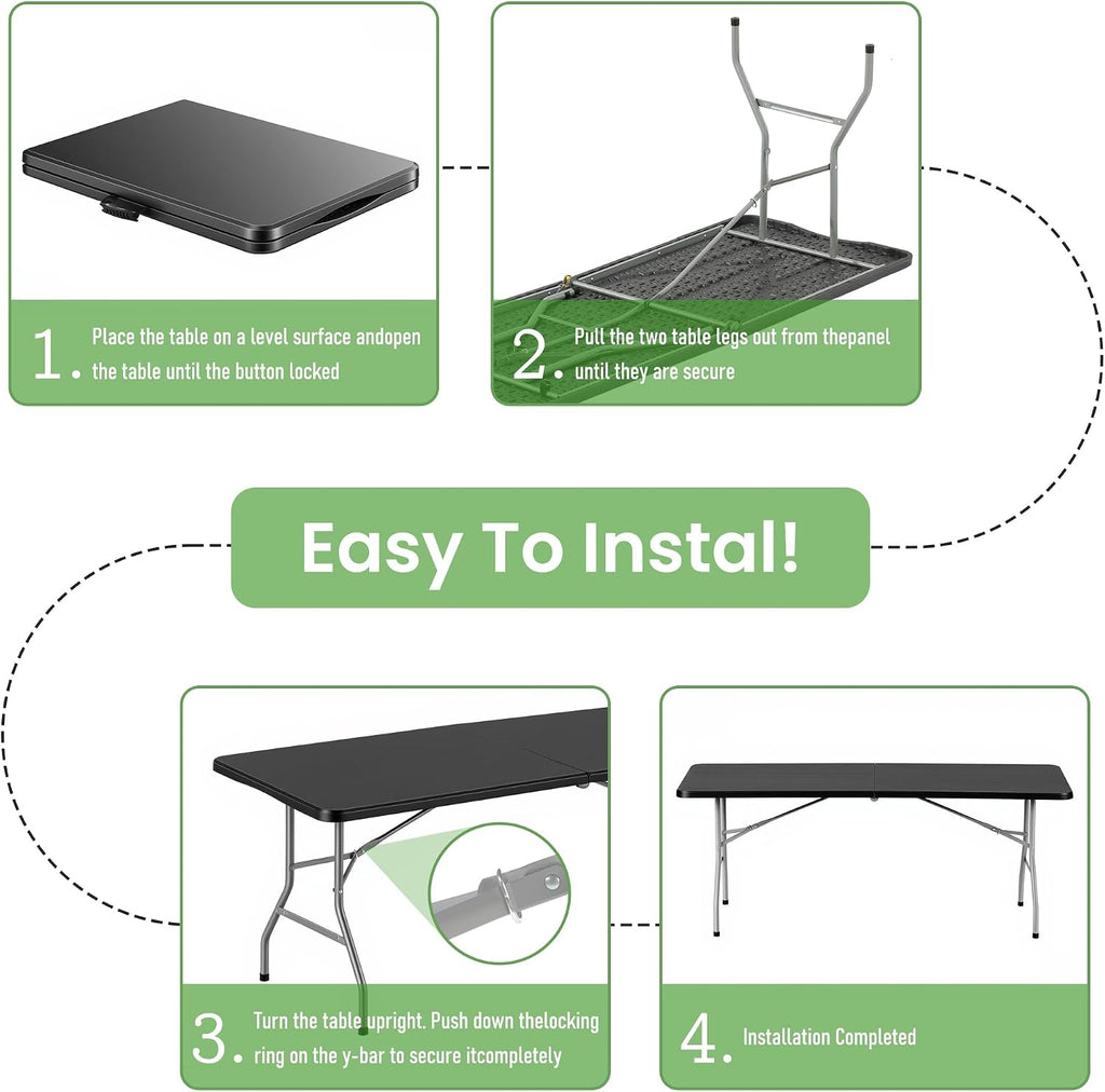 6FT Folding Table Set of 5 Portable Heavy Duty Plastic Table with Carrying Handle Fold-in-Half Utility Foldable Tables for Parties Wedding Events Dining Indoor Outdoor Picnic (Black)