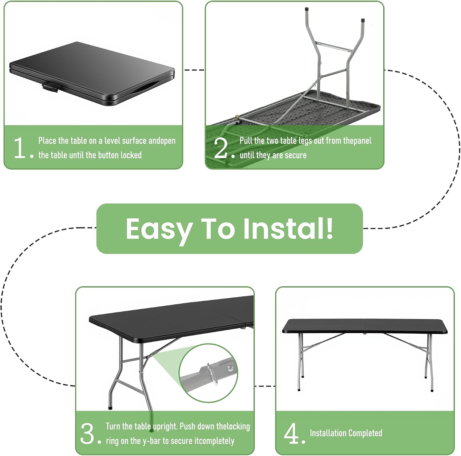 6FT Folding Table Set of 5 Portable Heavy Duty Plastic Table with Carrying Handle Fold-in-Half Utility Foldable Tables for Parties Wedding Events Dining Indoor Outdoor Picnic (Black)