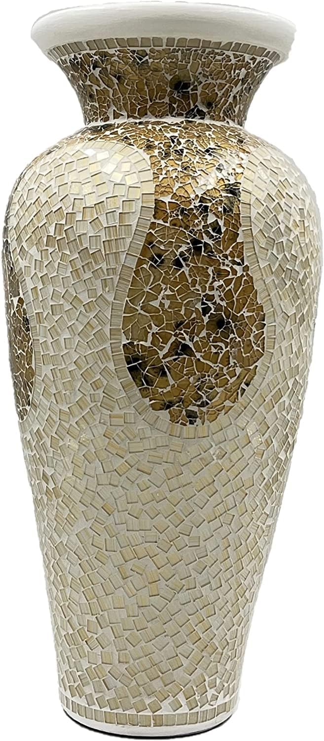 Floor Vase, 18 Inch Mosaic Vase – Tall Cylinder Made of Terracotta with Light Caramel and White Glass Mosaic Pieces – Handcrafted Decorative Home Décor Accent Piece for Bedroom, Living Room