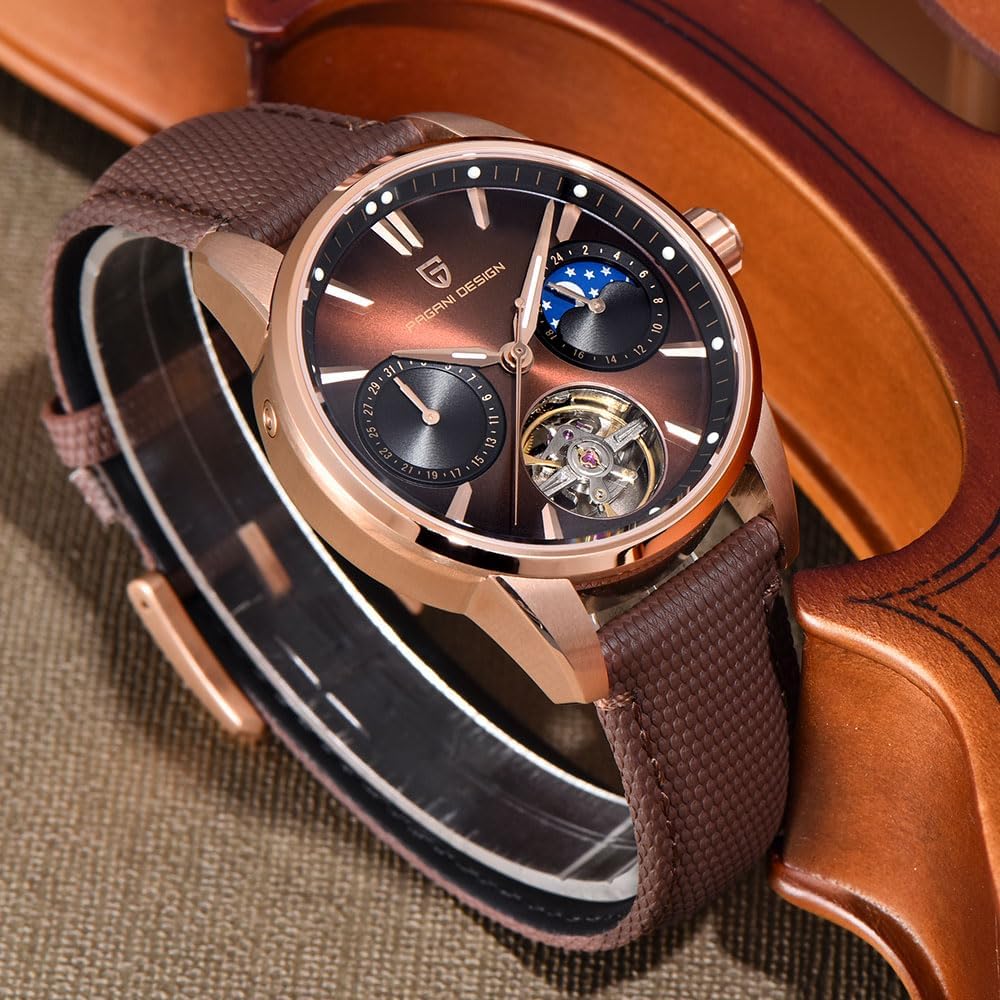 Pagani Design Luxury Men's Automatic Watch Skeleton Tourbillon Moon Phase Stainless Steel 100m Waterproof Leather Strap Men's Mechanical Watch