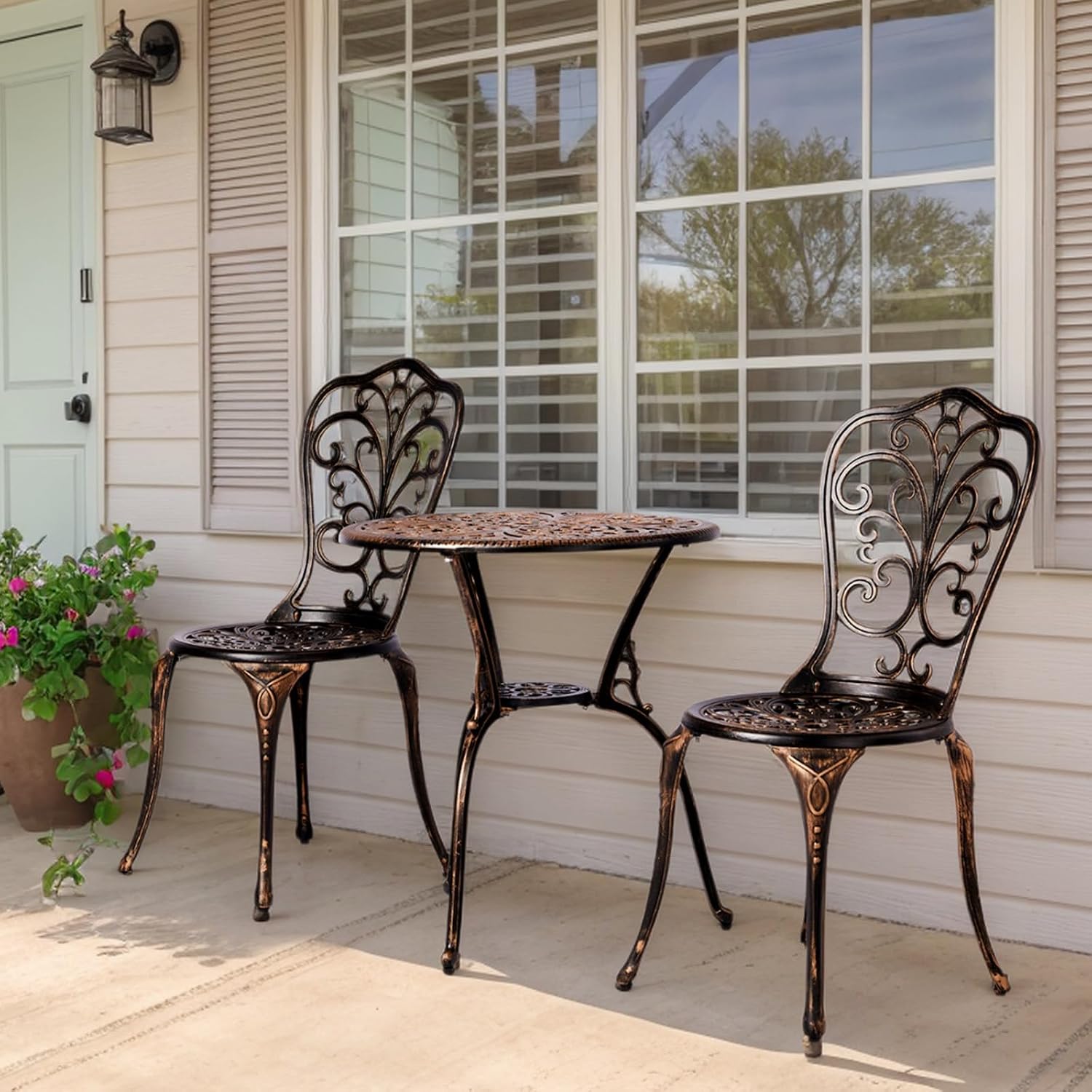 VINGLI 3 PCS Outdoor Bistro Set, Outdoor Patio Set, All-Weather Cast Aluminum Bistro Table Set, Bistro Table and Chairs Set of 2 for Backyard, Garden, Balcony (Bronze, Butterfly)