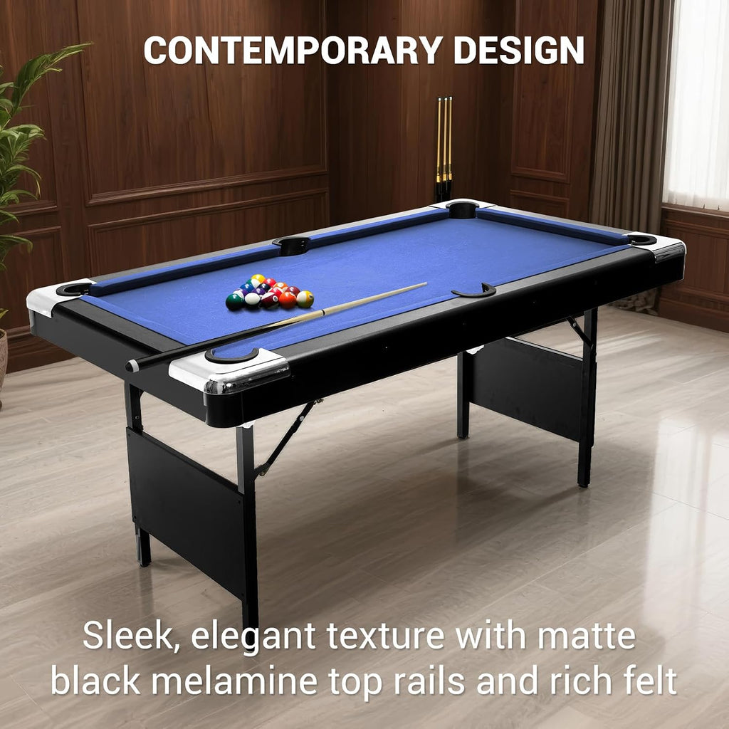 6,7 Foot Foldable Pool Table, Portable Billiards Table with Full Accessories Set, No Assembly, Metal k-Shaped Legs, Includes 16 Balls, 2 Cue Sticks, Chalk, Rack & Brush, Game Room Table for Home, Apar