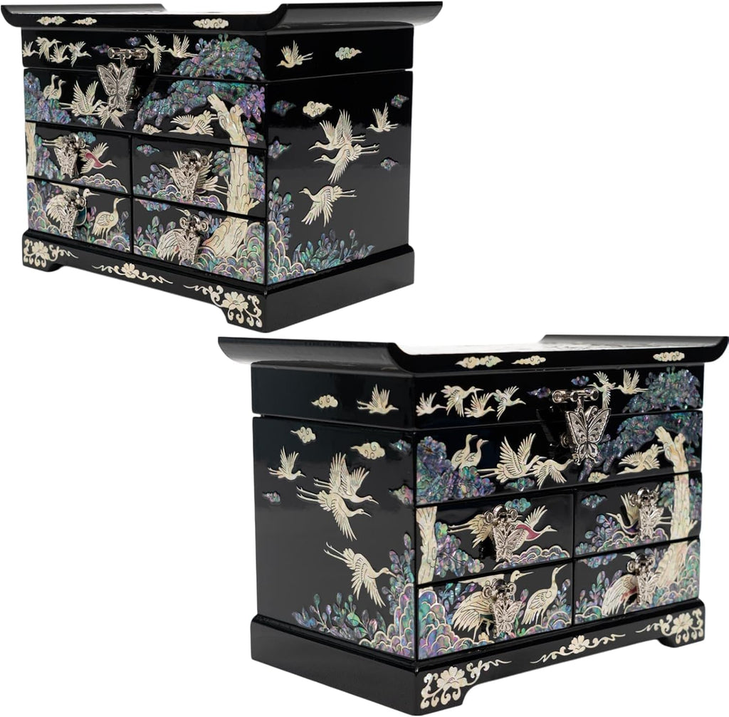 February Mountain Mother of Pearl Wooden Jewelry Organizer Box – Jewelry Storage Box for Women, Features Spacious Drawers, Ideal for Rings, Bracelets, Watches, Chains, Accessories (Colorful Crane)