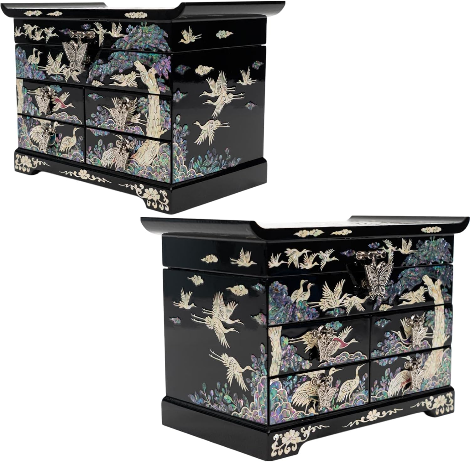 February Mountain Mother of Pearl Wooden Jewelry Organizer Box – Jewelry Storage Box for Women, Features Spacious Drawers, Ideal for Rings, Bracelets, Watches, Chains, Accessories (Colorful Crane)