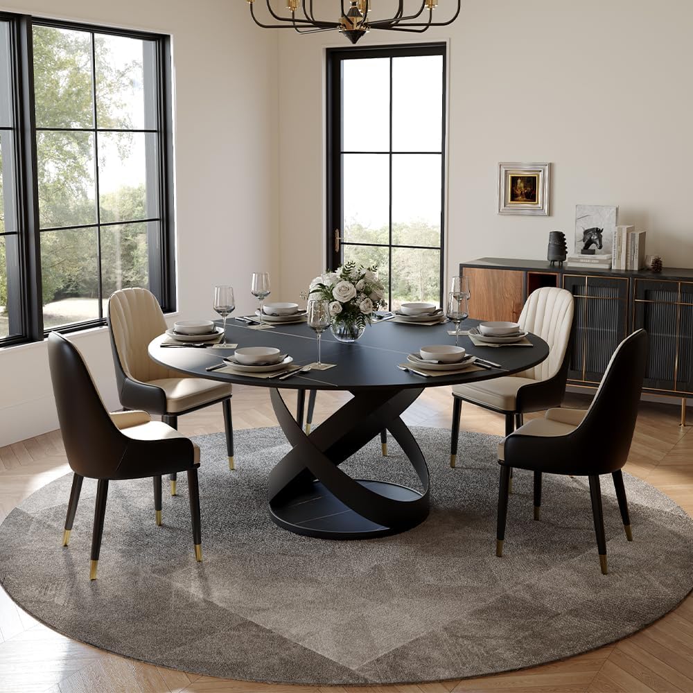 POVISON 60' Round Dining Table for 6, Modern Dining Room Table with Lazy Susan, Matte Black Sintered Stone Dining Tabletop with X-Shape Carbon Steel Base (Table Only)