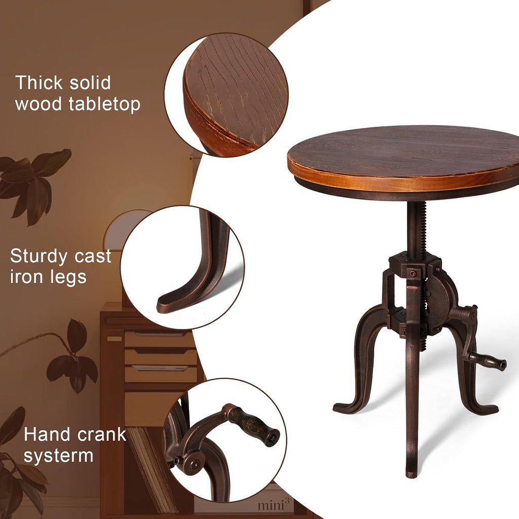 Industrial Iron Adjustable Crank Accent Table,Walnut Wood Top/Copper Home Decor Crank End Table