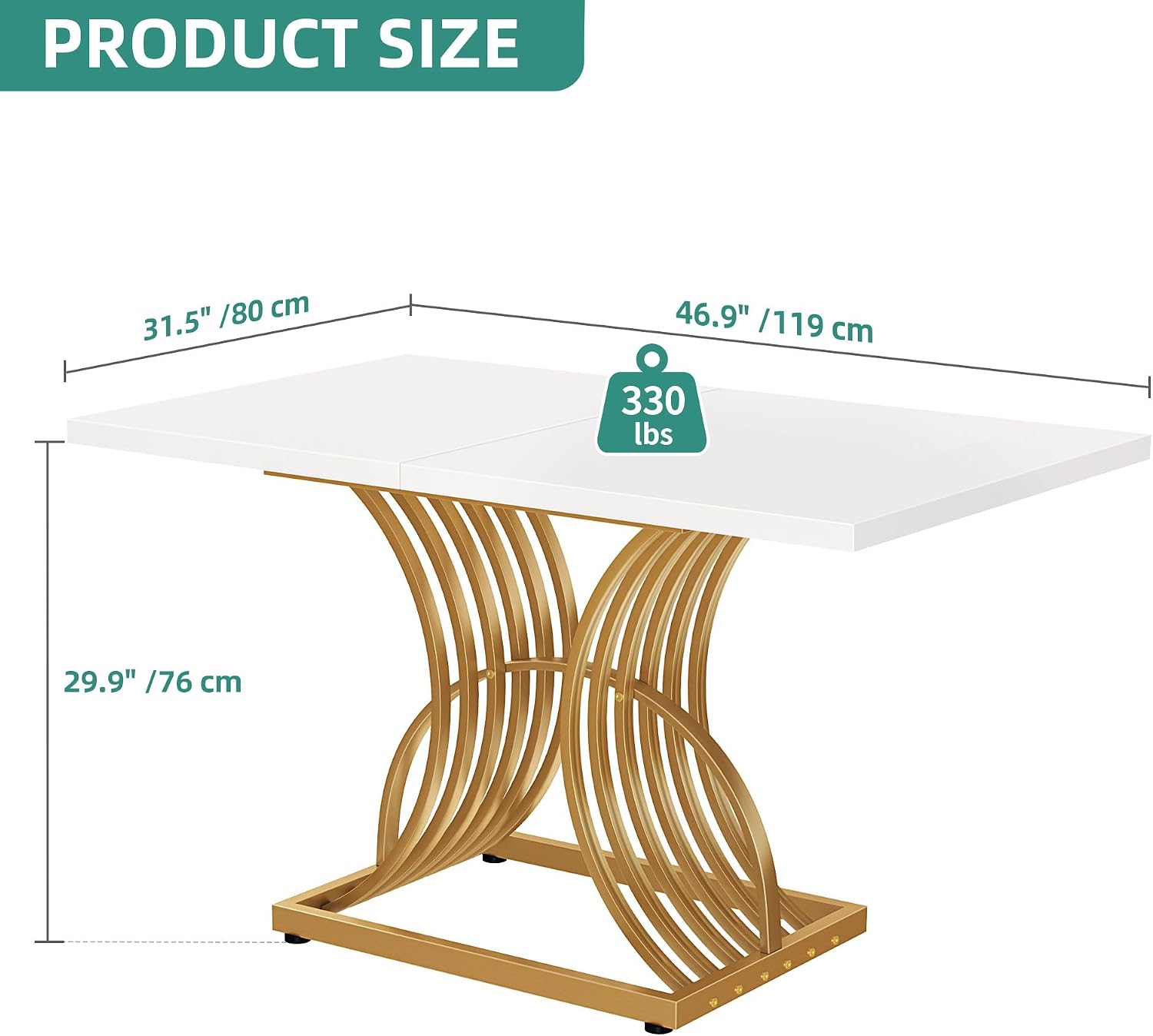 YITAHOME 47'' Modern Dining Table for 4, Small Kitchen Dinner Table with White Tabletop and Geometric Gold Legs, Rectangular Kitchen & Dining Room Furniture