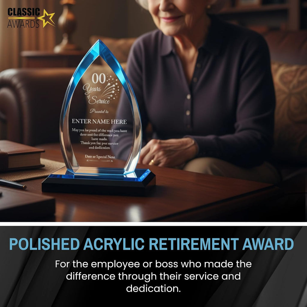 Personalized Acrylic Retirement Gifts For Men and Women, Laser Engraved Custom Trophy for Service Recognition, Years Of Service Retirement Trophy Award for Boss, Employee, Teacher (Blue Oval)
