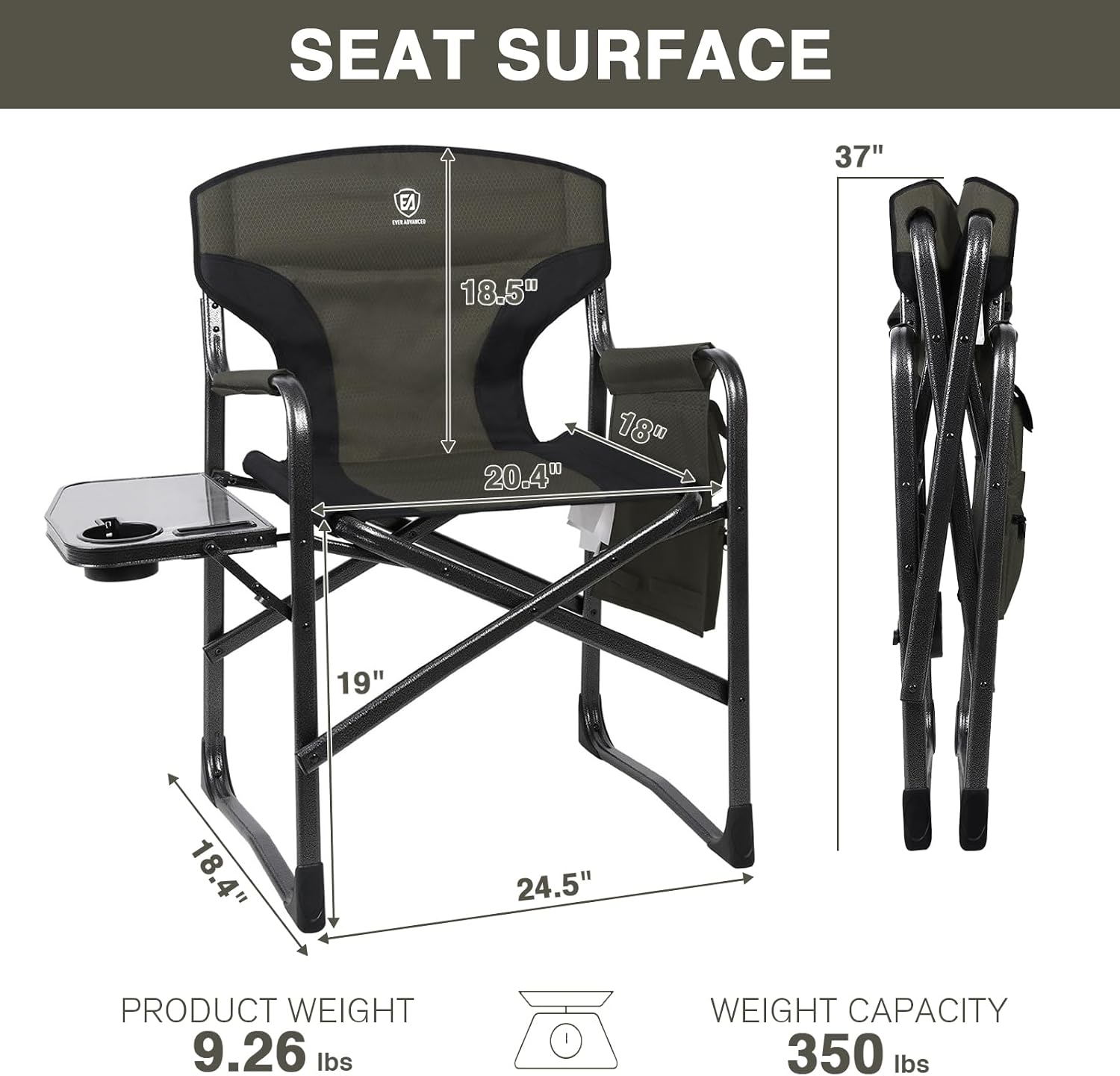 EVER ADVANCED Aluminum Lightweight Folding Director Chair, 350lbs Heavy Duty Camping Chair with Side Table & Storage, 19' Joint-Friendly Height Easy to Stand, Portable Makeup Artist & Vendor Chair