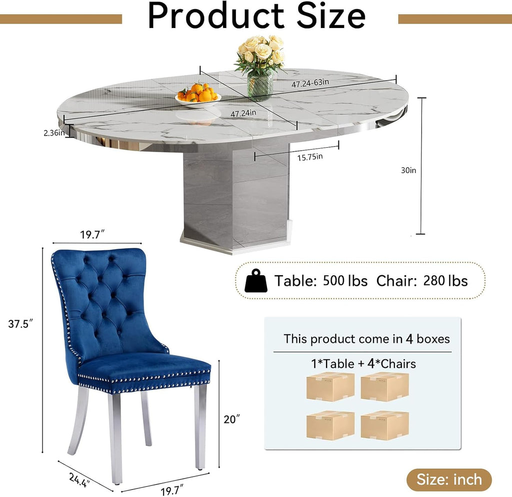 5 Pieces 47'-63' White Faux Marble Extendable Dining Table Set, Round Expanding Kitchen and Dining Room Table Set for 4 with Mirrored Acrylic Base & Blue Velvet Upholstered Chairs