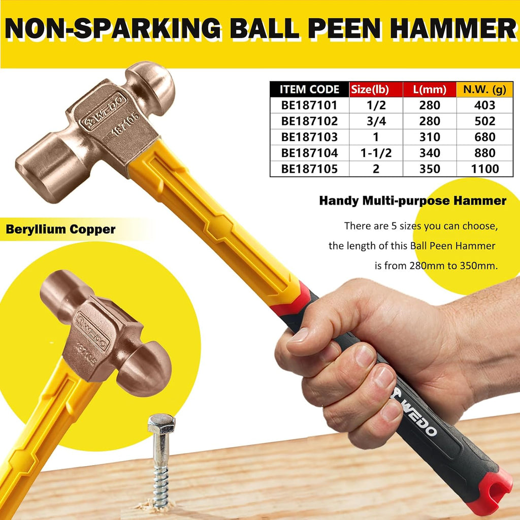 WEDO 32oz(910g) Ball Peen Hammer,Ball Pein Hammer with Fiberglass Handle,Length 365mm(14'),Beryllium Copper,Non-magnetic,Die-Forged, Corrosion Resistant, DIN Standard