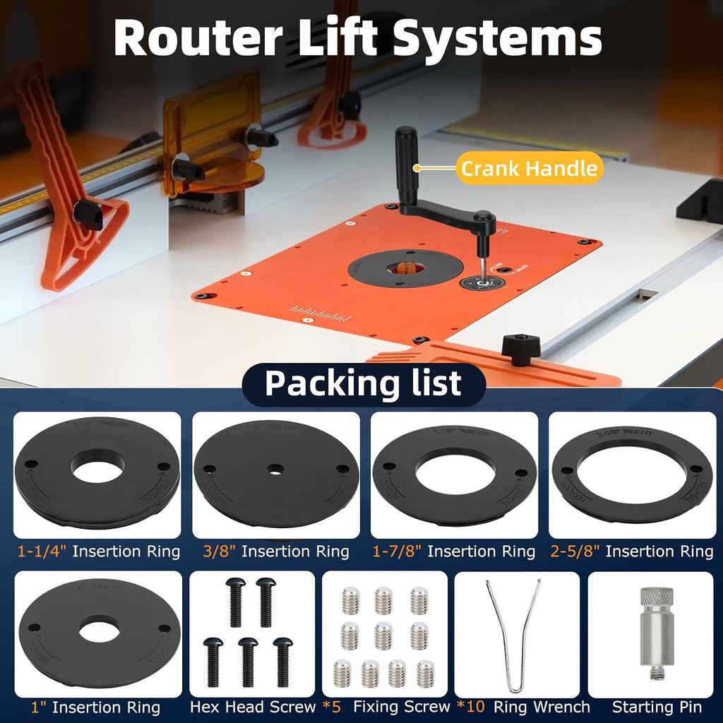 3-1/2' Router Lift System, Precision Router Table Lift for 3-1/2' Diameter Motor, 9-1/4'' x 11-3/4'' Plate 5-Piece Insert Ring Kit Compatible with Bosch, Kreg, Skil, Porter, DeWalt, Craftsman, Ridgid