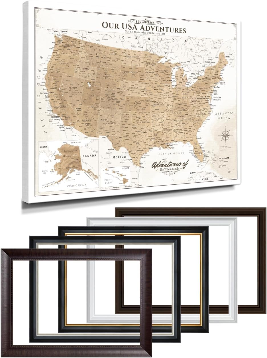 IPIC - Oversized Personalized Push Pin Travel Map USA, Custom Names, Pin Board Canvas, Vintage US Decor, Optional Wood Frame, Giclee Print, Handcrafted in USA, 40x30