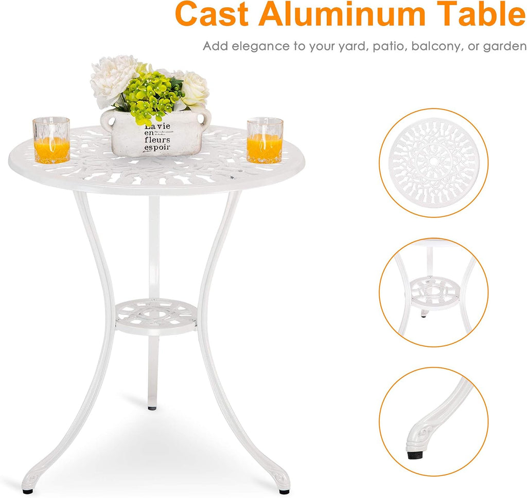 HOMEFUN Bistro Table and Chairs Set of 2 Outdoor 3 Piece Patio Set Tulip Pattern Cast Aluminum Bistro for Garden Balcony, Durable Rust All-Weather Resistance (White)