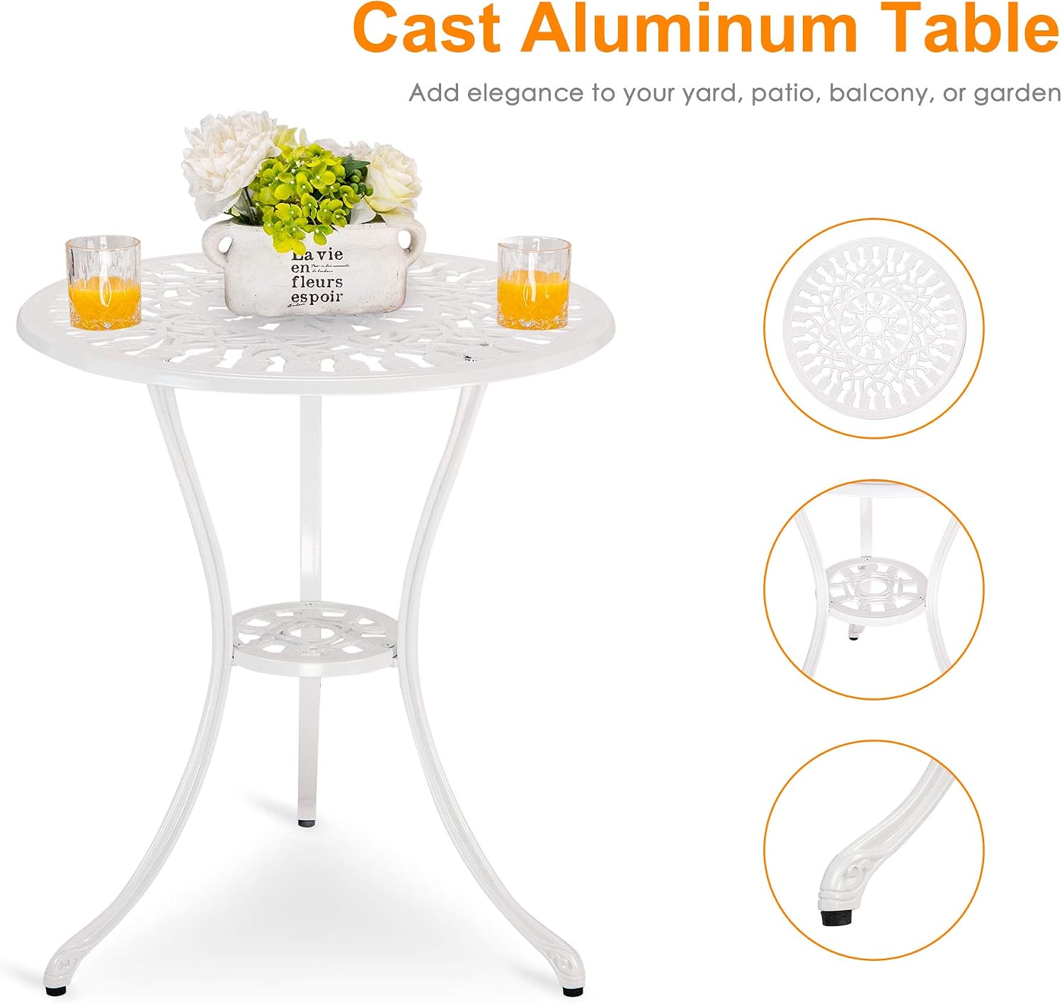 HOMEFUN Bistro Table and Chairs Set of 2 Outdoor 3 Piece Patio Set Tulip Pattern Cast Aluminum Bistro for Garden Balcony, Durable Rust All-Weather Resistance (White)