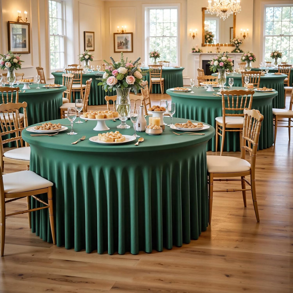 Outpain 6 Pack Spandex Hunter Green Round Tablecloths for 60in Tables, 120Inch Stretchy Fitted 5FT Round Table Clothes,Wrinkle Free Table Cover with Skirt for Wedding Party Dining Banquet