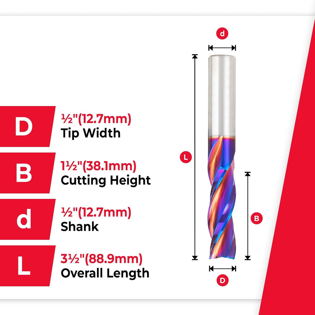 Amana Tool Spektra Extreme Tool Life Solid Carbide CNC Down-Cut Spiral Plunge Router Bit, 46216-K, 1/2 D x 1-1/2 CH x 1/2 SHK x 3-1/2 Inch Long 3-Flute