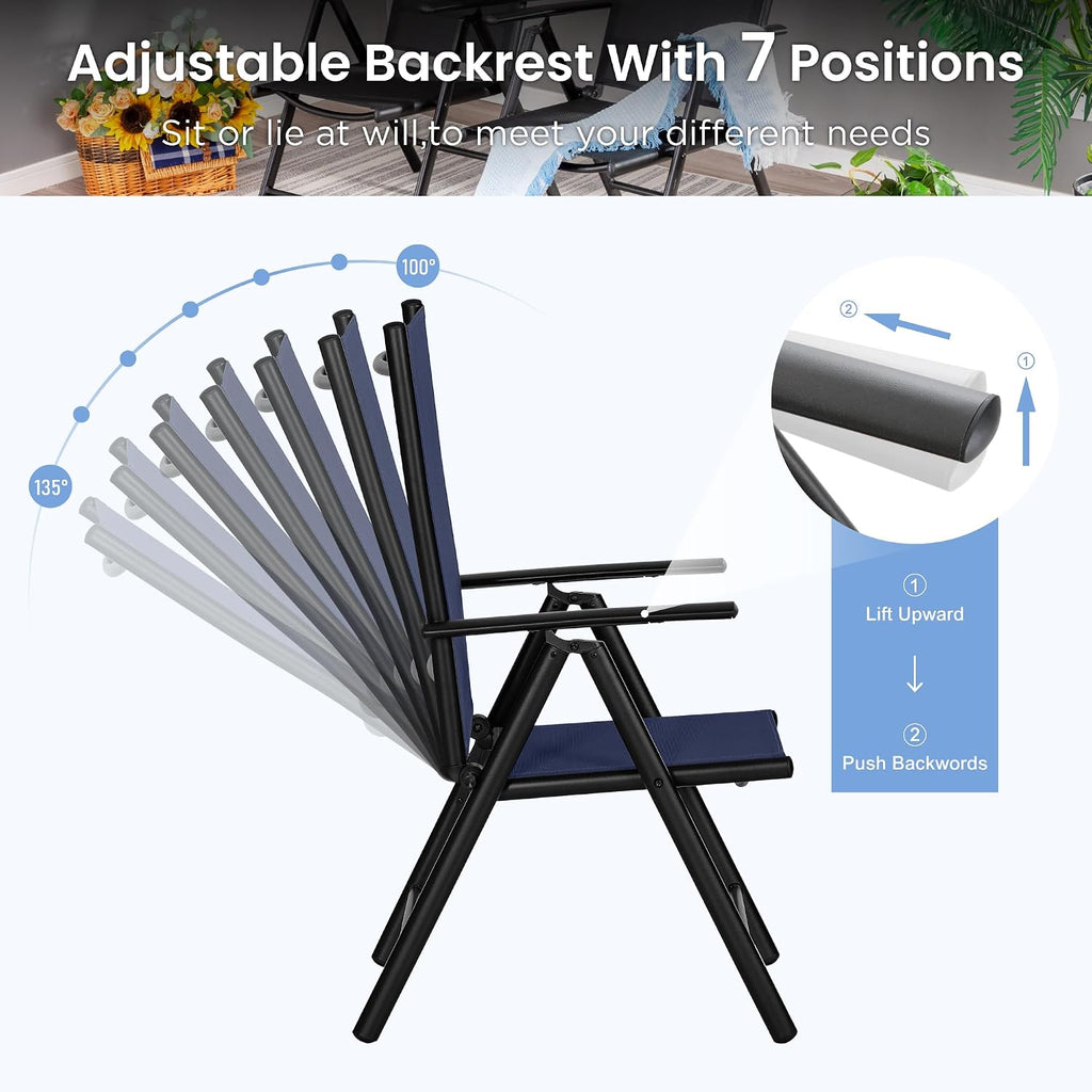 PHI VILLA Outdoor Dining Furniture Set with Umbrella, Patio Dining Set for 4 with Metal Outdoor Table and Chairs, Patio Table Set with Portable Folding Chairs & Navy Blue Umbrella (No Base)