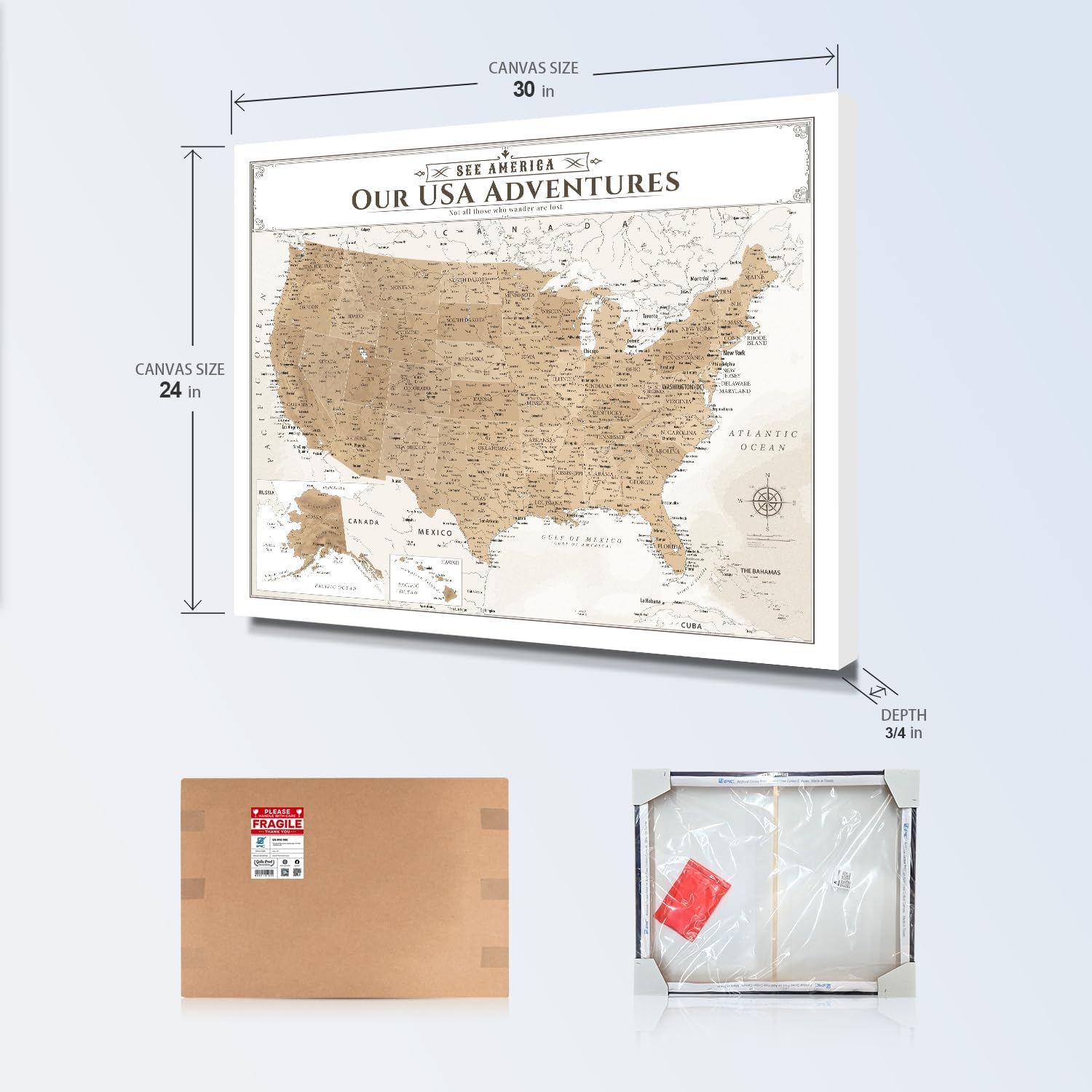IPIC - Vintage US Map for Travel, Pin Board Canvas Wall Art, Travel Map with Pins Included, Ready to Hang for Home or Office, 30x24 Inch