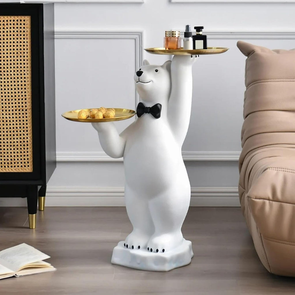 homary White Bear Side Table with 2-Tier Gold Trays, Modern Animal Sculpture End Table, Decorative Accent Table for Living Room, Bedroom, Nursery & Home Décor