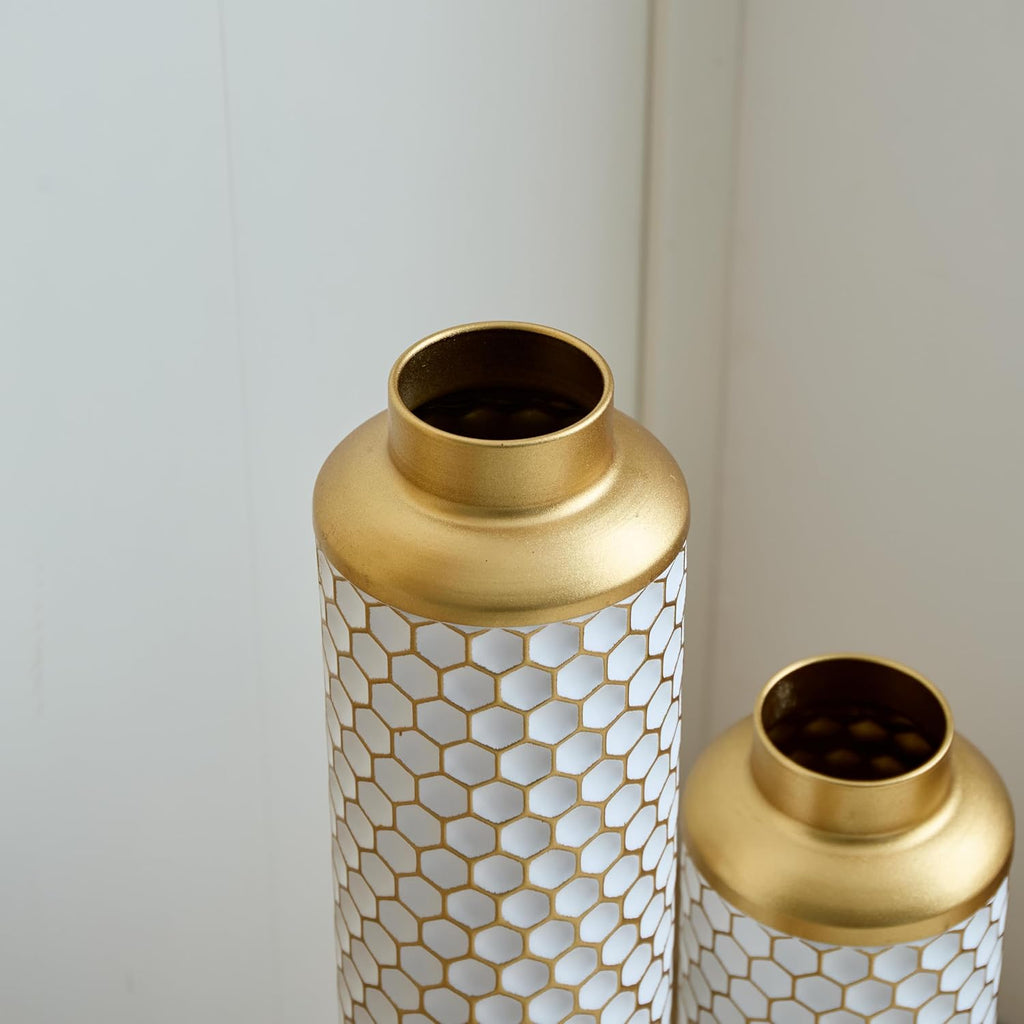 Floor Metal Vase Modern Style Decoration Home, Metal Vase 3-Piece Set for Living Room, Entryway & Office Decor, Rustproof Tall Standing Home Décor (Gold+White Hexagon)