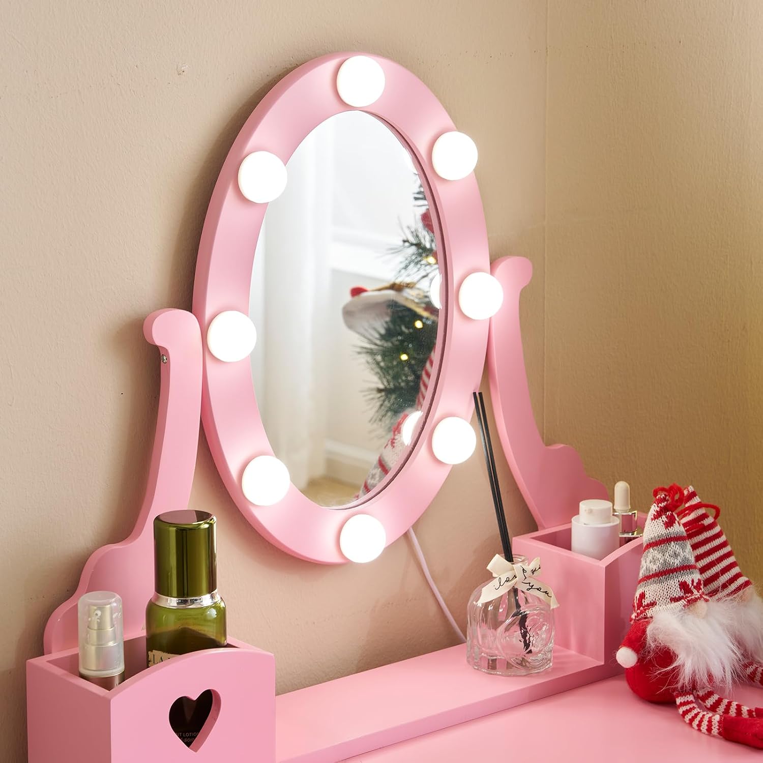 Karl home Kids Vanity Table and Chair Set, Princess MDF Dressing Table with 3-Color LED Lighted Mirror and 3 Drawers, Lovely Waved Design for Toddler's Bedroom and Playroom Decor, Macaroon Pink