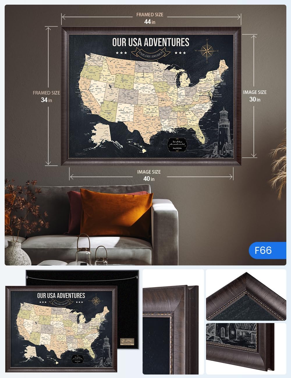 IPIC - Oversized Personalized Push Pin Travel Map USA, Custom Names, Pin Board Canvas, Navy Gold US Decor, Optional Wood Frame, Giclee Print, Handcrafted in USA, 40x30