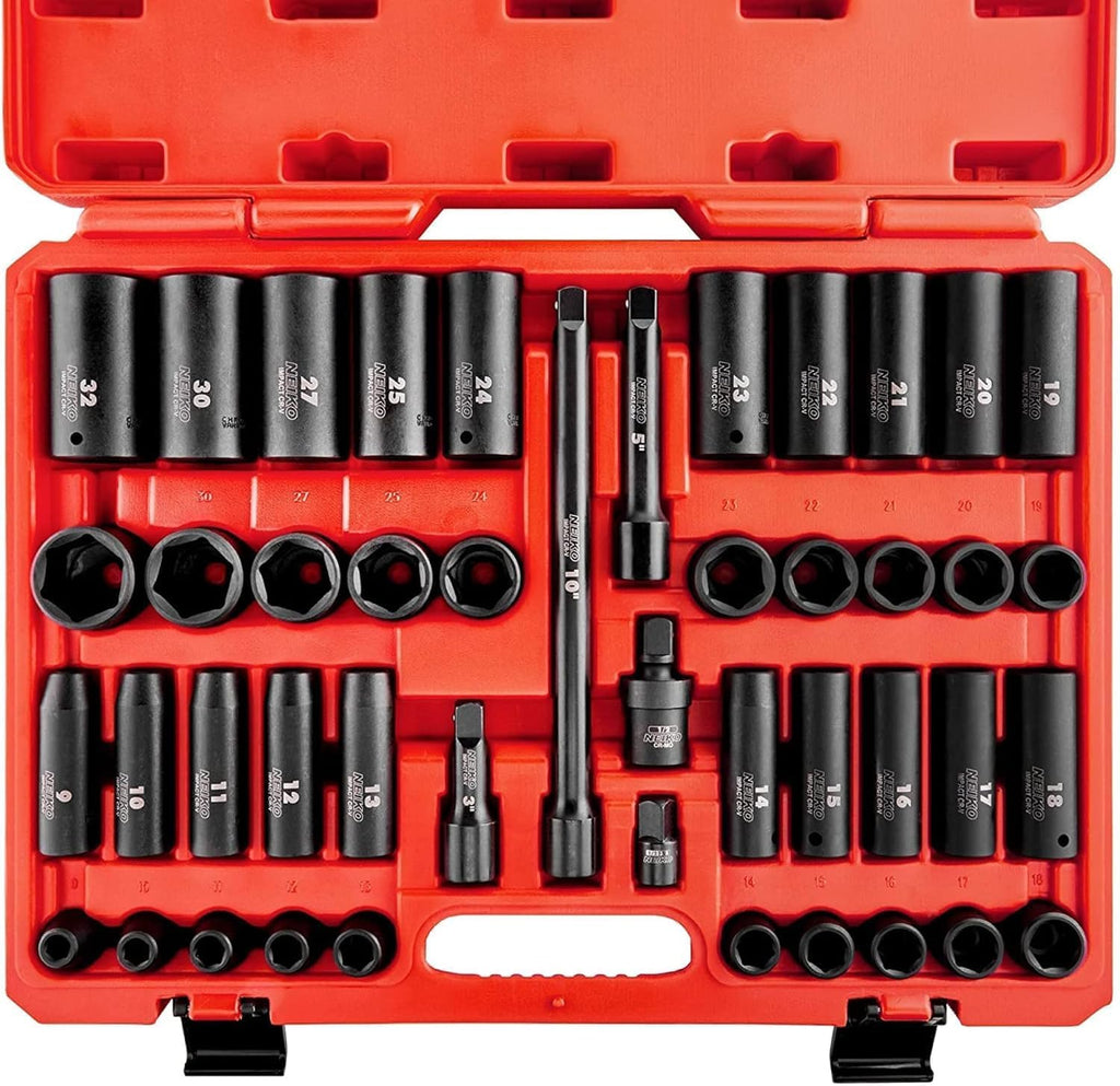 NEIKO 02330A 1/2 Impact Socket Set, 45 Piece Deep and Shallow Assortment, Metric Sizes 9mm to 32mm, Chrome Vanadium Steel, Extension Bars, Universal Joint and Adapter, 1/2' Drive Deep Well Set