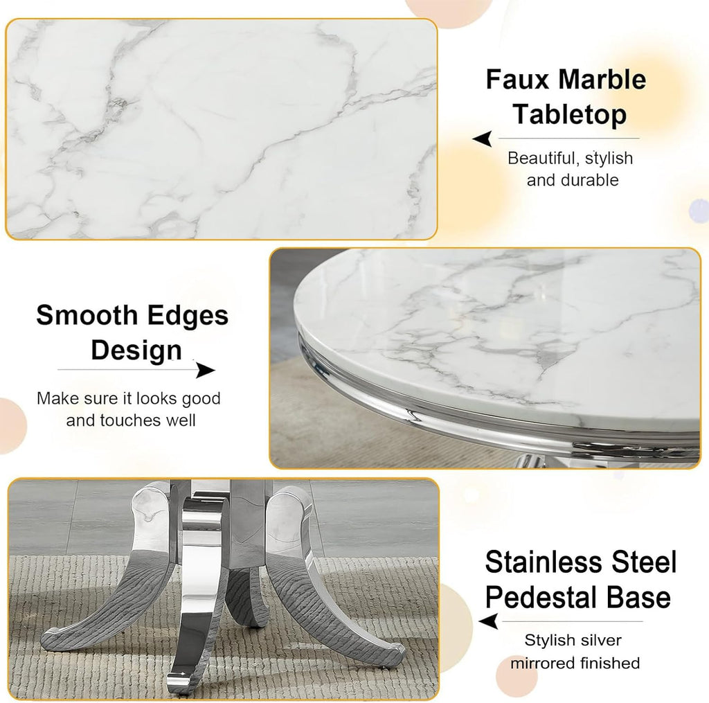 45 in Round Marble Dining Table for 4 to 6, Modern Circular White Faux Marble Kitchen Table with Silver Stainless Steel Leg, Round Kitchen Dining Room Table for Breakfast Dinette Dinner Dinning Room