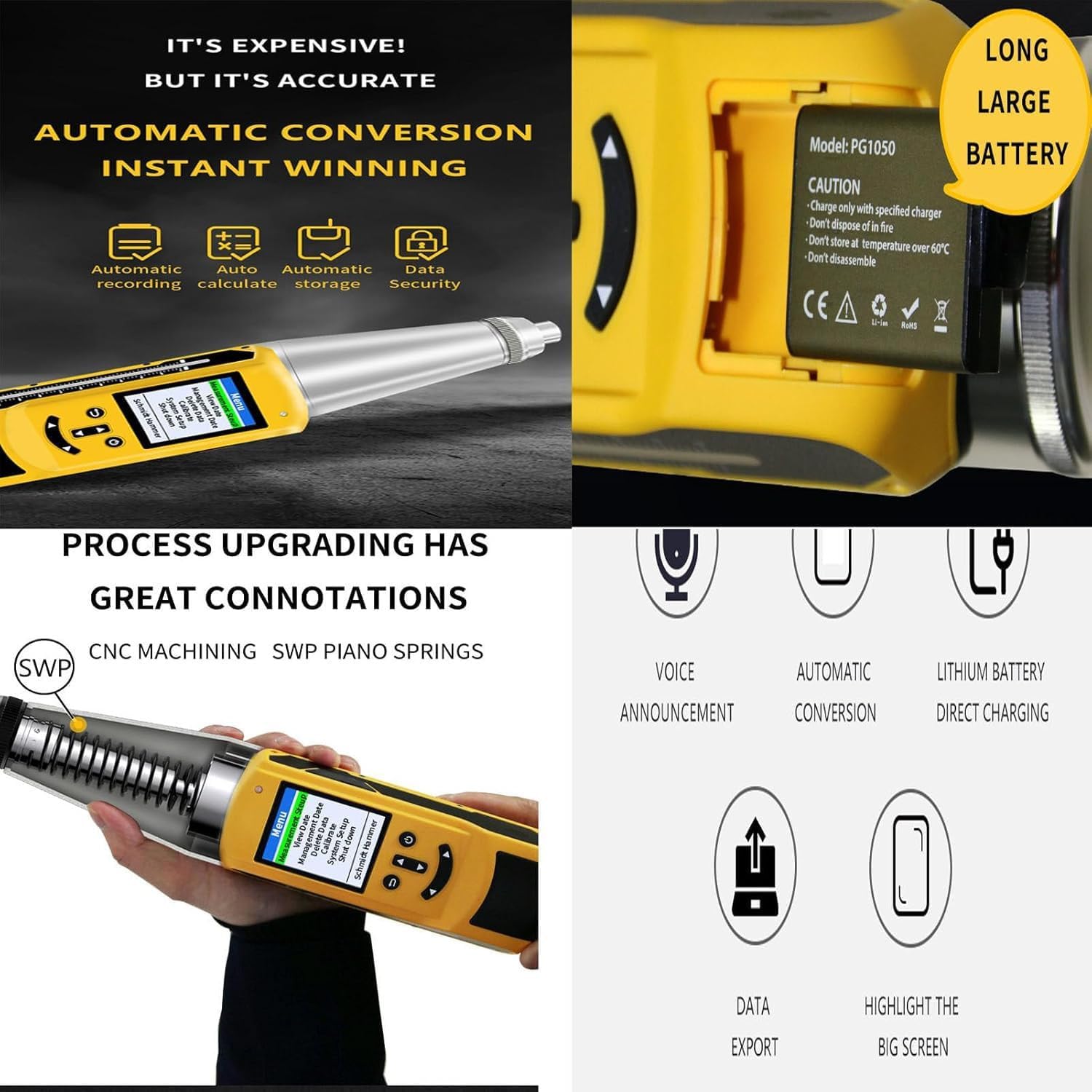 Portable Concrete Rebound Hammer Tester, Automatic Strength Resiliometer with Wireless Printe& Voice Broadcast, for Building Wall and Road Strength Testing Test Scope of 10-60Mpa