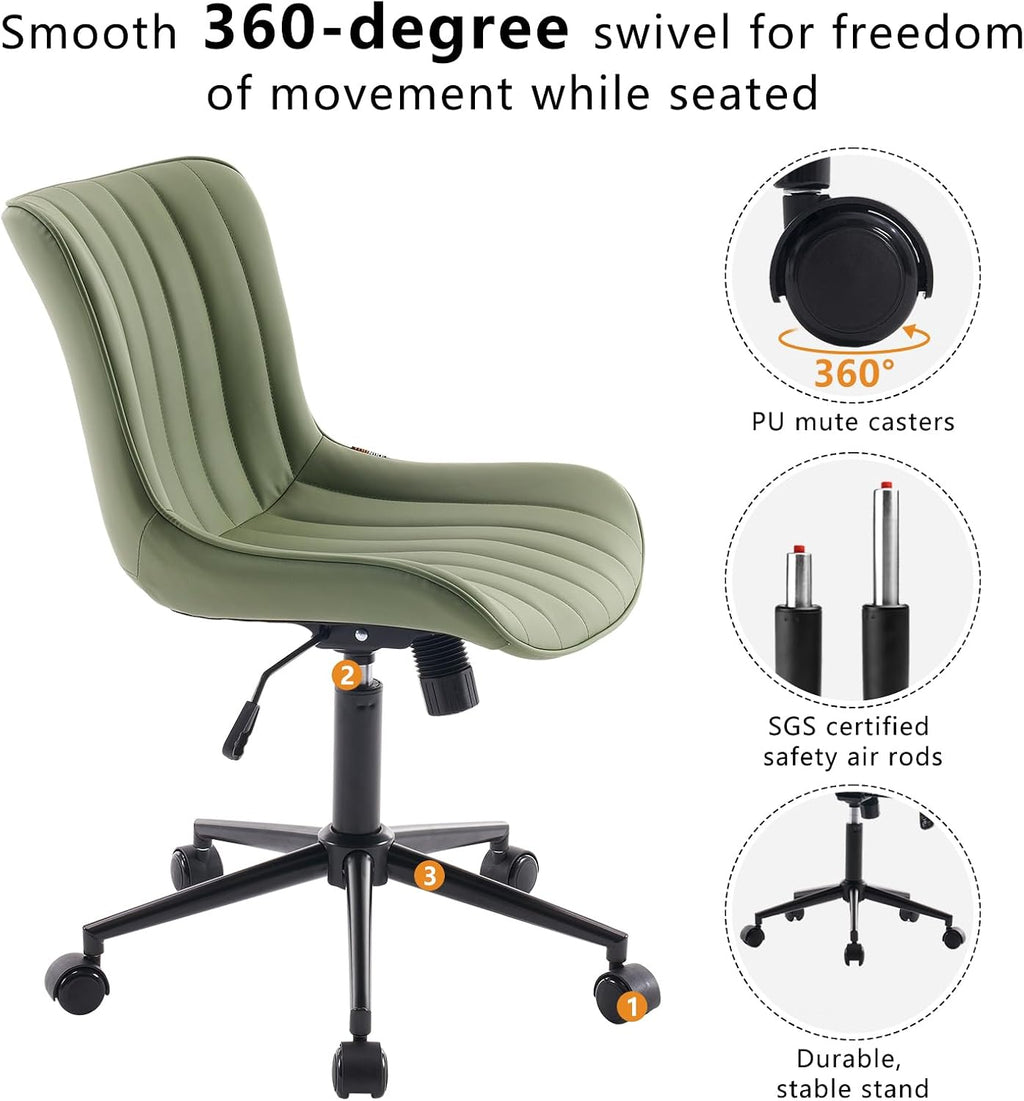 YOUNIKE Olive Green Office Desk Chair with Wheels Armless Compact Comfy Vanity Chair with Adjustable Back Modern Small Faux Leather Upholstered Swivel Cute Rolling Computer Task Chair No Arms