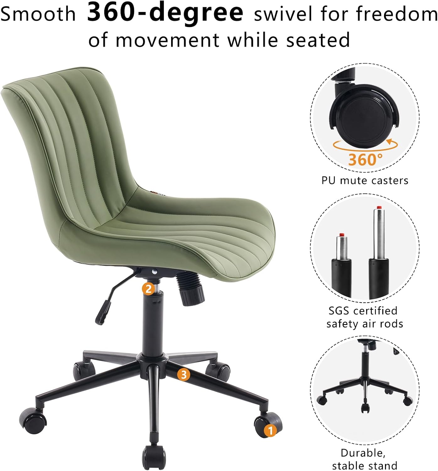 YOUNIKE Olive Green Office Desk Chair with Wheels Armless Compact Comfy Vanity Chair with Adjustable Back Modern Small Faux Leather Upholstered Swivel Cute Rolling Computer Task Chair No Arms