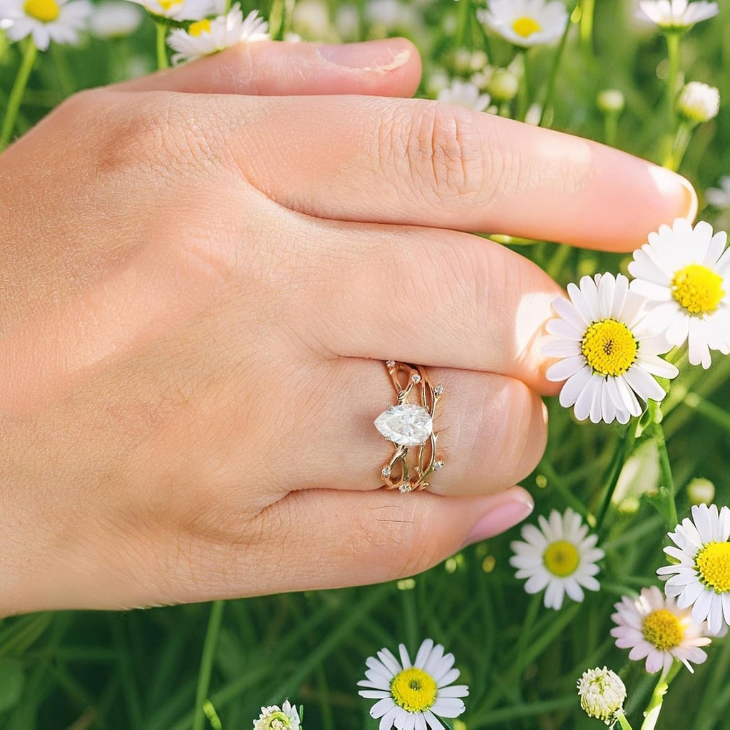 SISGEM Moissanite Couple Rings Set, 10K 14K 18K Solid Gold Moissanite Wedding Rings for Him And Her, Vintage Leaf/Branch Wedding Bands Matching Couple Rings Anniversary Jewelry Gift for Women And Men