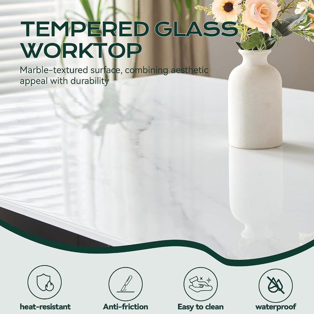 70 inch Faux Marble Dining Table for 4 to 6, Modern Dining Table with White Marble Texture Tabletop & Matte Brushed Stainless Steel Base, Rectangular Kitchen Dining Table for Dinner Party Gatherings