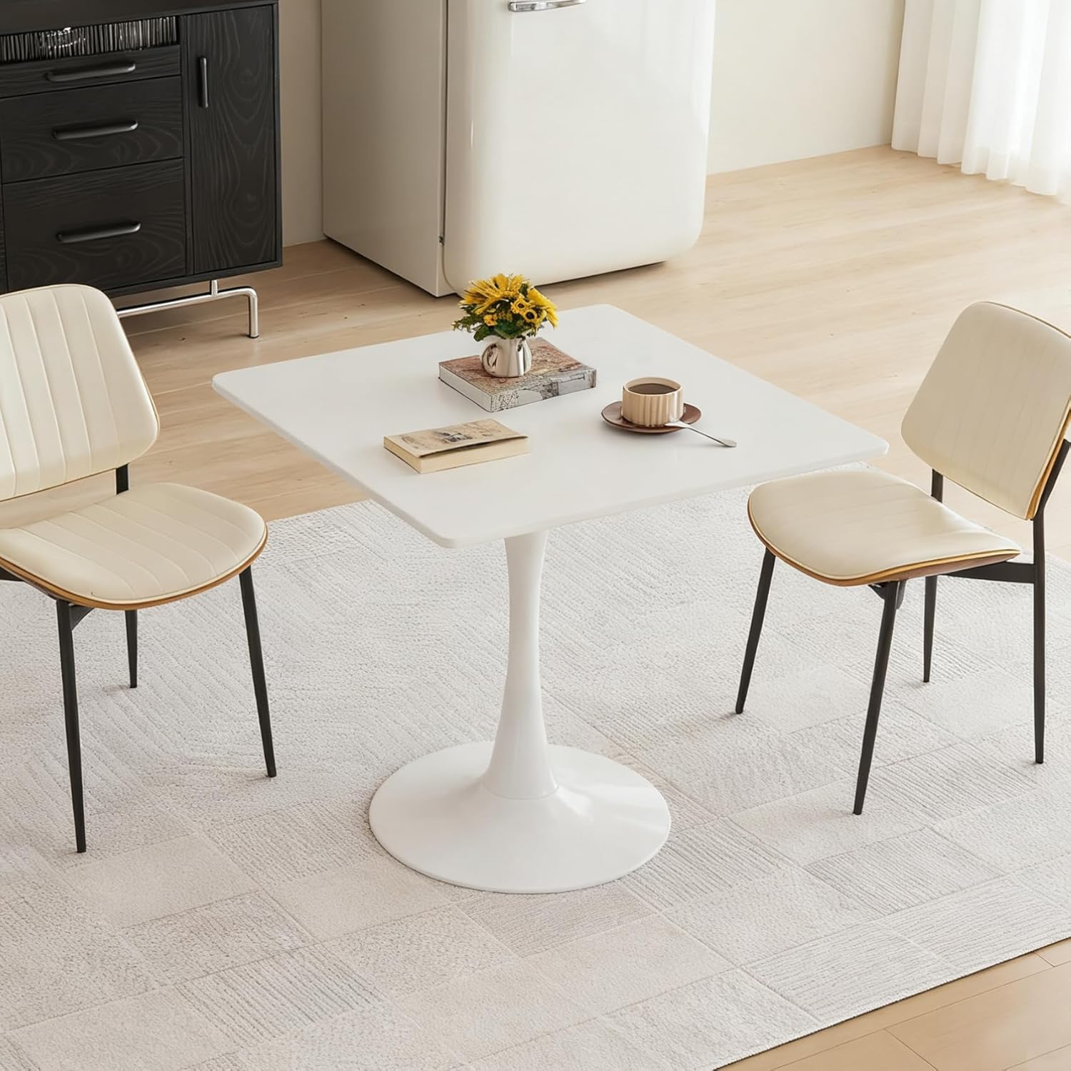 Square Dining Table, 31.5' Tulip Table with Thickened Tabletop & Metal Pedestal, Mid Century Modern Bistro Table for Kitchen, Small Places, Living Room, Cafe (White)