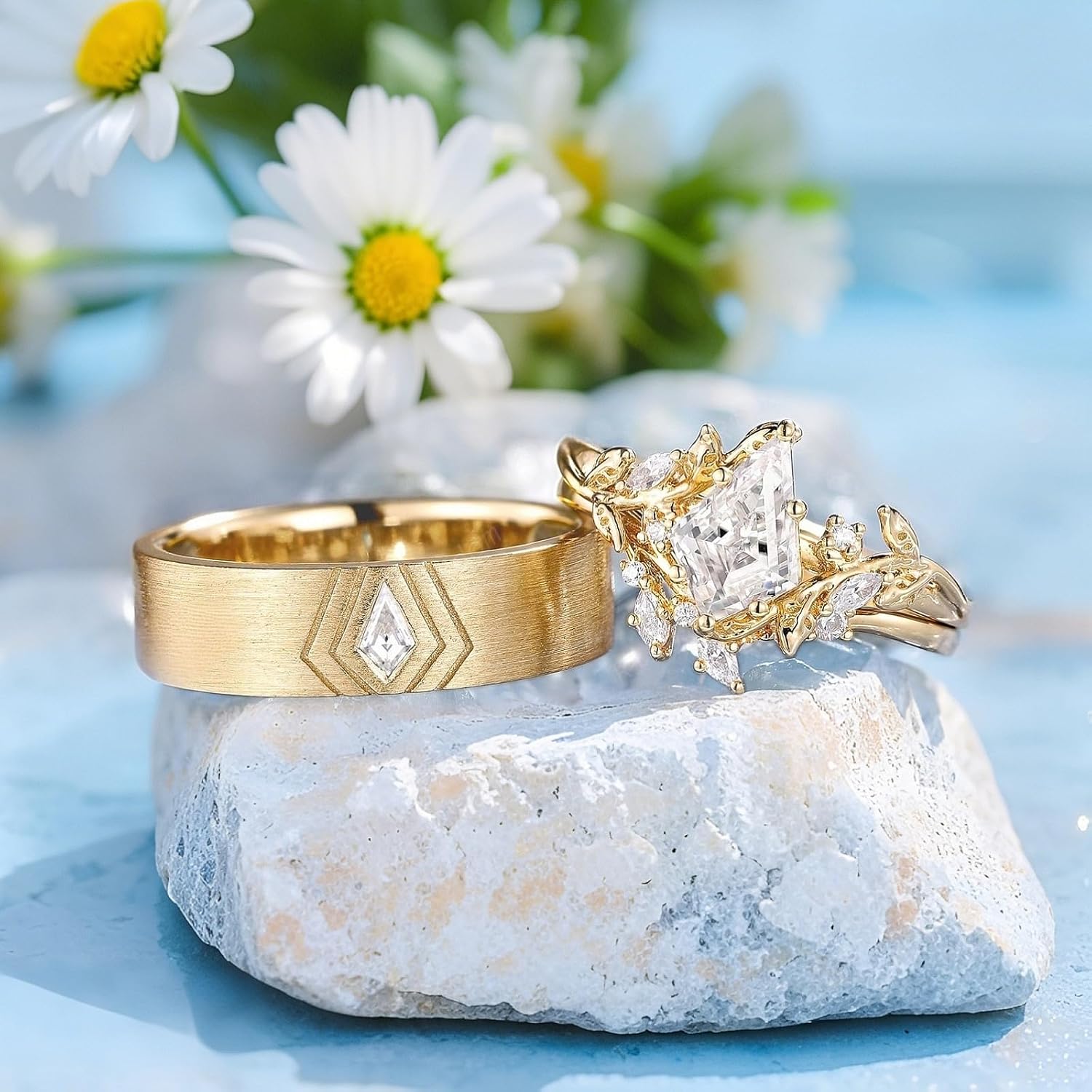 SISGEM Moissanite Couple Rings Set, 10K 14K 18K Solid Gold Moissanite Wedding Rings for Him And Her, Vintage Leaf/Branch Wedding Bands Matching Couple Rings Anniversary Jewelry Gift for Women And Men