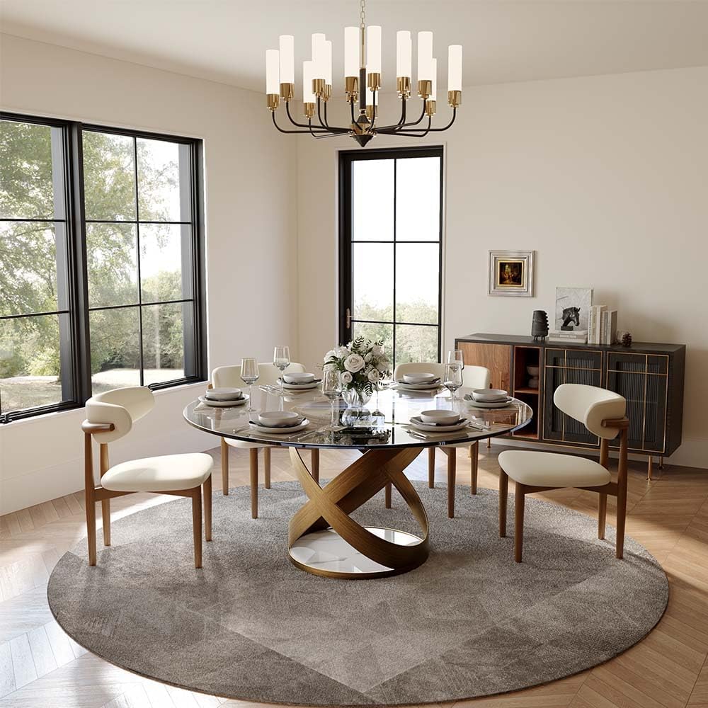 POVISON 59' Modern Round Dining Table, Glass Round Kitchen Table for 6, Glass Dining Room Table Top with Bronze X Carbon Steel Base for Dining Room (Dining Table Only)