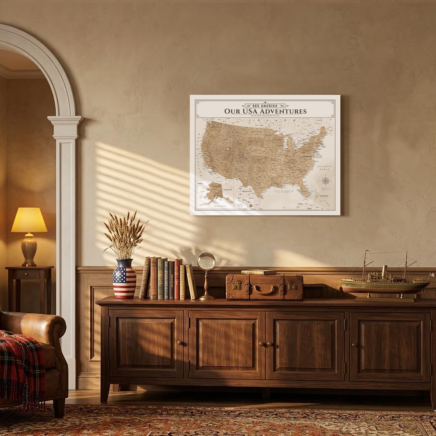 IPIC - Vintage US Map for Travel, Pin Board Canvas Wall Art, Travel Map with Pins Included, Ready to Hang for Home or Office, 30x24 Inch