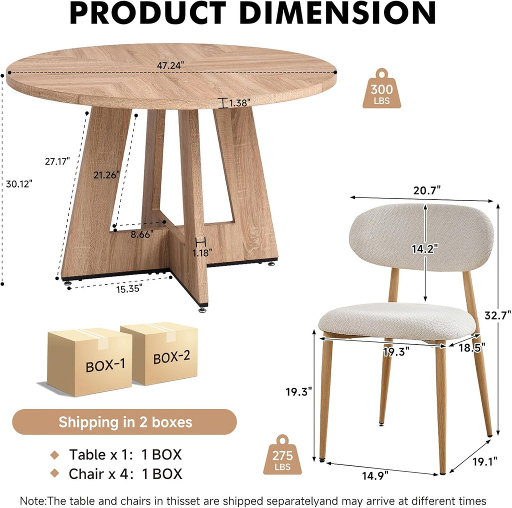 47' Round Dining Table Set for 4 with Chairs Circle Kitchen Table and Chairs Set Mid-Century Modern Chair with Metal Legs for Apartment Living Room(1 Natural Table + 4 Beige Chairs)
