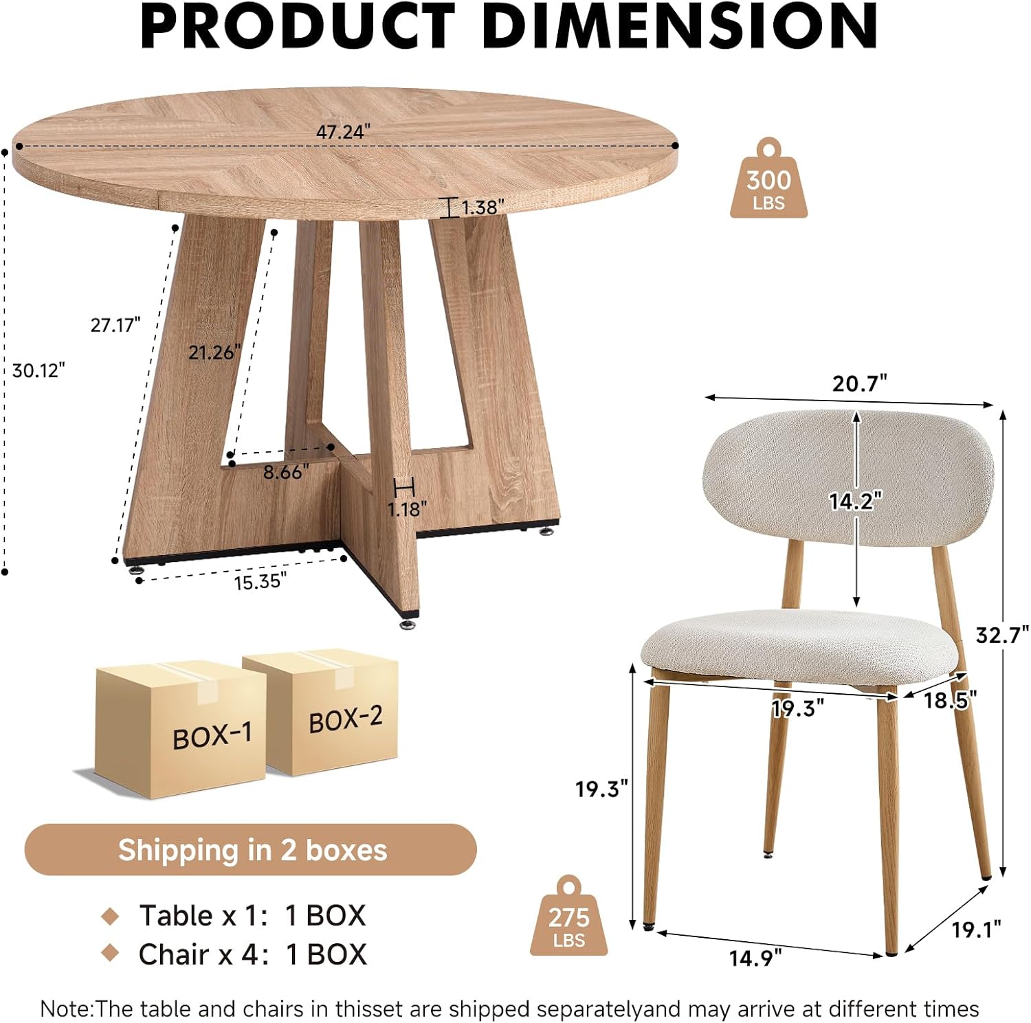 47' Round Dining Table Set for 4 with Chairs Circle Kitchen Table and Chairs Set Mid-Century Modern Chair with Metal Legs for Apartment Living Room(1 Natural Table + 4 Beige Chairs)