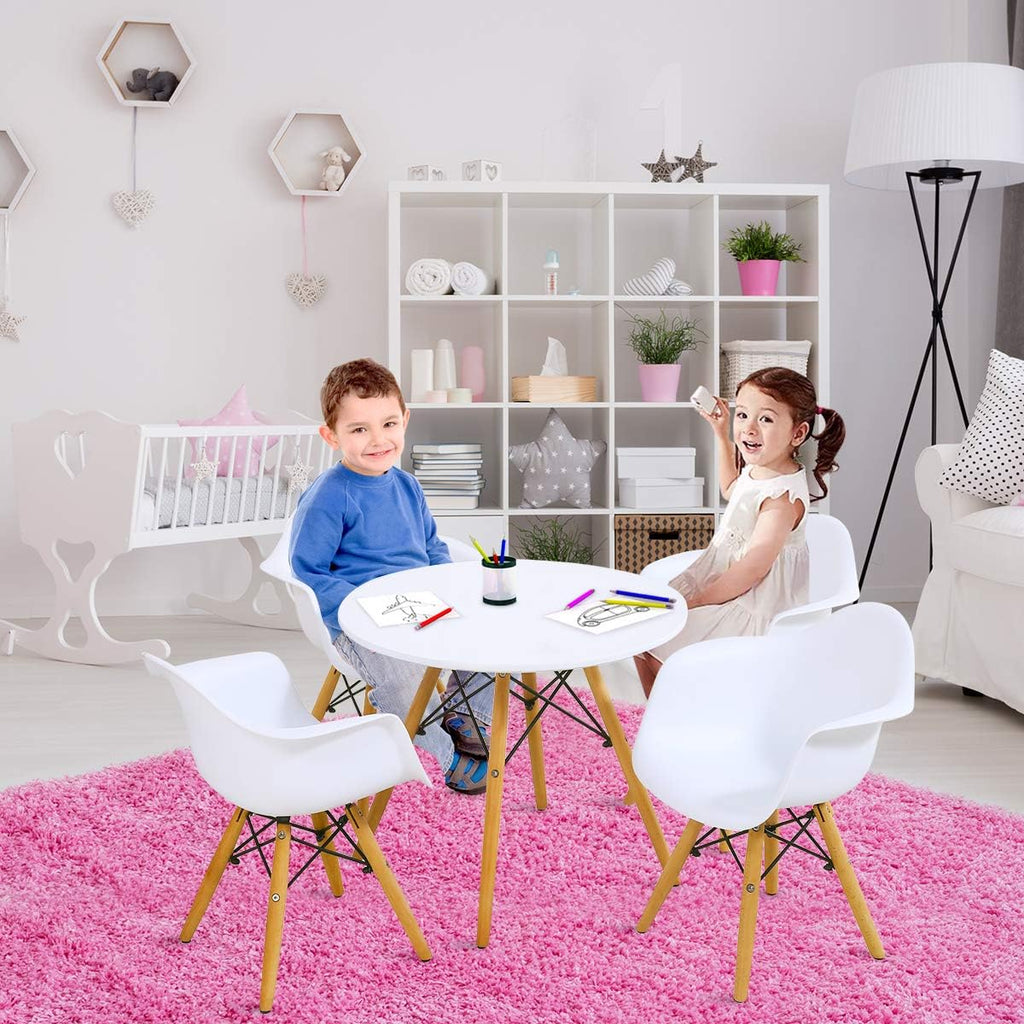 Costzon Kids Table and Chair Set, Mid-Century Modern Style Table Set Round Table with Armchairs for Toddler Children, Kids Dining Table and Chair Set (White, Table & 4 Chairs)